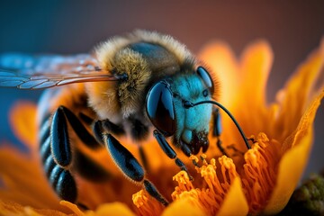 a bee with the pollen on its head sitting in front of a yellow flower