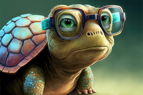 the turtle with glasses on his back is looking ahead while wearing blue glasses