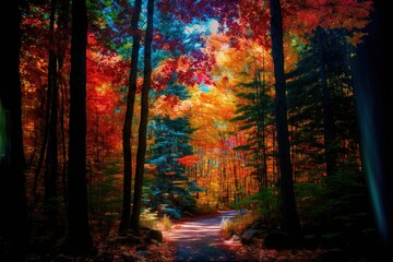 a colorful tree filled forest with a dirt road in the middle