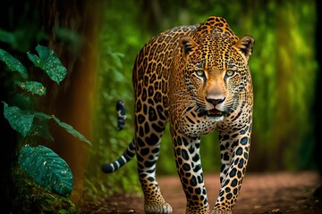 Fototapeta na wymiar a leopard walking on a forest path in the wild,