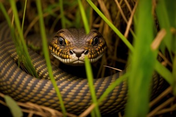 Fototapeta premium a brown snake laying in the grass under a black sky