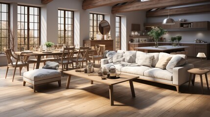 Interior design of modern scandinavian apartment, living room and dining room. Created with generative AI.