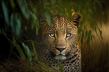 Fototapeta na wymiar a leopard standing under some tall branches with its eyes open