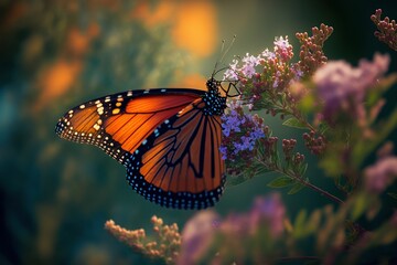 Fototapeta na wymiar a butterfly is perched on a flower with purple flowers in the background
