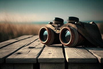 an old pair of binoculars sit on a bench with the sea in the background