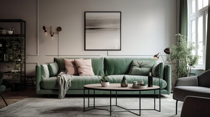 Home interior mock up with green sofa, table and decor in living room.