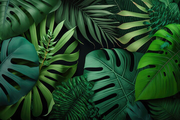 Green leaves background. Green tropical monstera leaves, palm leaves, coconut leaf, fern, palm leaf, banana leaf. Panoramic background. nature concept, generative AI