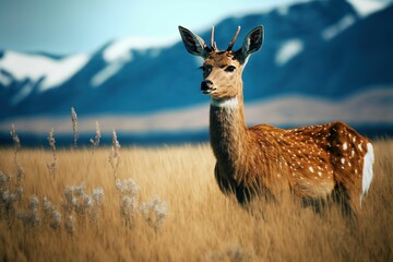 a deer is standing in a field with mountains in the background