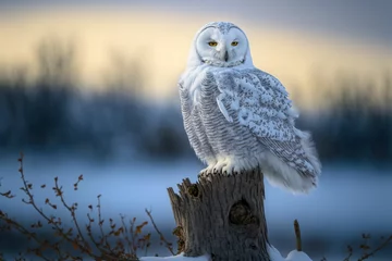Photo sur Plexiglas Dessins animés de hibou an owl perched on a log in the snow by water