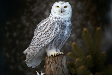 a snowy owl sits on top of a tree stump outside