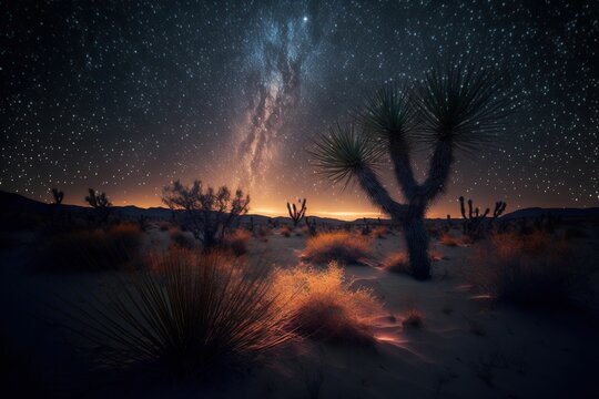 the milky and stars in a desert at night with cactus trees