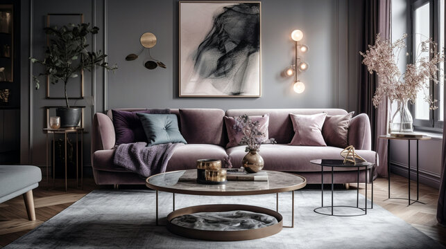 Luxury Modern Interior Design Living Room. Sofa Trend Of The Year Color. Lilac.