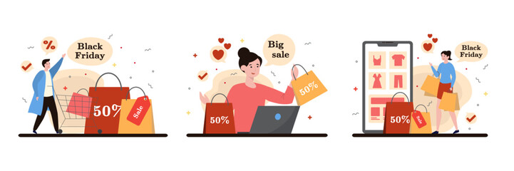 Set of young people shopping in store. Big discount, sales on Black Friday concept. Favorable and cheap purchases. Shop online via smartphone. Flat vector illustration in cartoon style