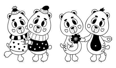 Fototapeta premium Collection bears in love. Couple cute bears hugging in romantic winter clothes and pair animals with flower. Vector illustration in doodle style. isolated funny cute characters teddy bear.
