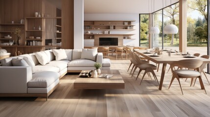 Fototapeta premium Interior design of modern scandinavian apartment, living room and dining room. Created with generative AI.