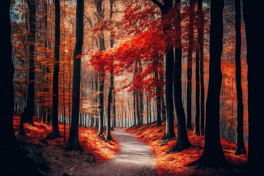 a narrow path is through an autumn forest full of red leaves