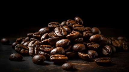 Brown roasted coffee beans, seed on dark background. Espresso dark, aroma, black caffeine drink