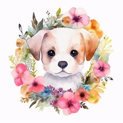 Puppy portrait in blossom botanical flowers cartoon cute little dog floral watercolor paint art illustration. Generative Ai
