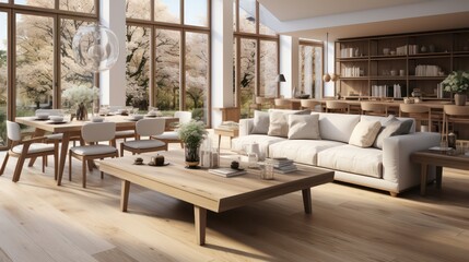Fototapeta premium Interior design of modern scandinavian apartment, living room and dining room. Created with generative AI.
