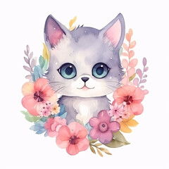 Little cat cute baby kitten ginger spots with summer blossom flower watercolor paint art illustration. Generative Ai