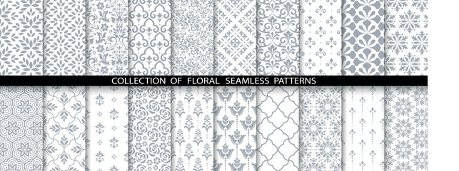 Geometric floral set of seamless patterns. White and gray vector backgrounds. Damask graphic ornaments