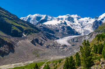 Fototapeta na wymiar A close view of the Morteratsch Glacier, in the Engadin, Switzerland. 