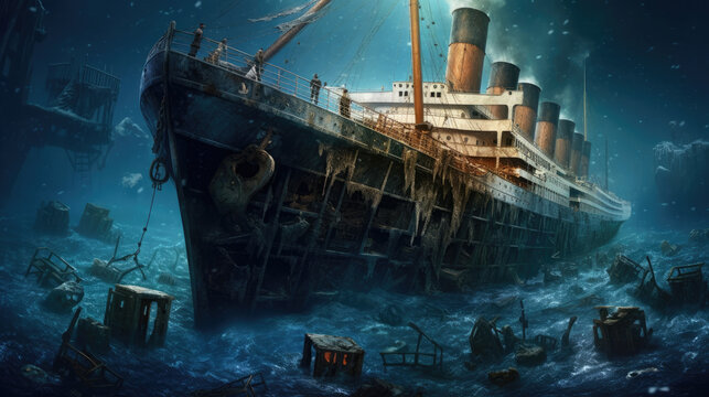 Titanic Wreck submerged under the ocean.ai generative.