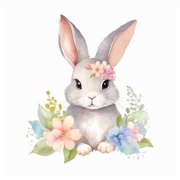 Cute baby rabbit portrait in blossom summer flowers watercolor paint artwork illustration. Generative Ai