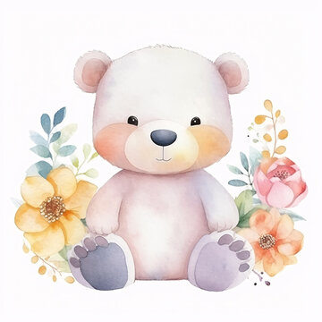 Baby bear cute character with summer botanical blossom flowers front view watercolor pastel paint illustration. Generative Ai