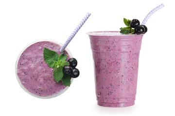 set of Blueberries smoothie milkshake in plastic to go glass with straw top view, side view...