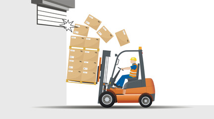 Dangers of working with a forklift. Make sure the gate is open. - obrazy, fototapety, plakaty