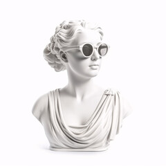 Antique woman goddess statue bust sunglasses isolated on white background contemporary art illustration. Generative Ai - obrazy, fototapety, plakaty