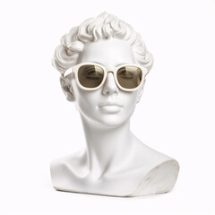 Antique woman goddess statue bust sunglasses isolated on white background contemporary art illustration. Generative Ai