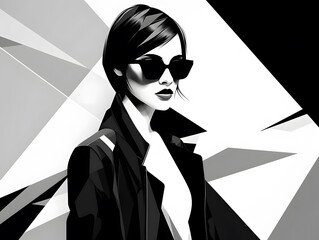 Stylish brunette woman in sunglasses simple minimalistic geometric shape background black and white illustration. Generative Ai