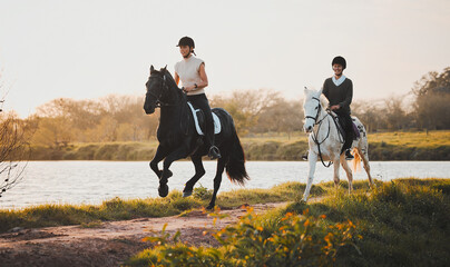 Horse riding, freedom and hobby with friends in nature on horseback by the lake during a summer...