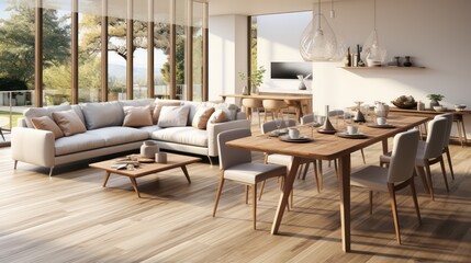 Fototapeta premium Interior design of modern scandinavian apartment, living room and dining room. Created with generative AI.