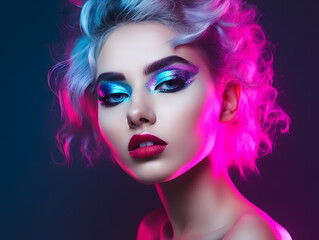 Woman high fashion model colorful bright neon lights trendy makeup posing at studio Y2K illustration. Generative Ai