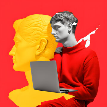 Man with plaster head yellow antique male gipsum sculpture use laptop abstract modern collage illustration. Generative Ai