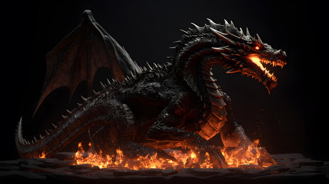 Realistic Chinese dragon in burning flame fantastic fear winged creature isolated on black background illustration. Generative Ai