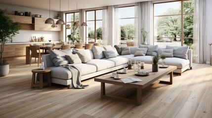 Fototapeta premium Interior design of modern scandinavian apartment, living room and dining room. Created with generative AI.