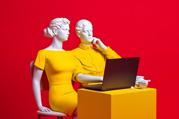 Man woman sculpture plaster head looks at laptop screen on red background abstract modern collage illustration. Generative Ai - obrazy, fototapety, plakaty