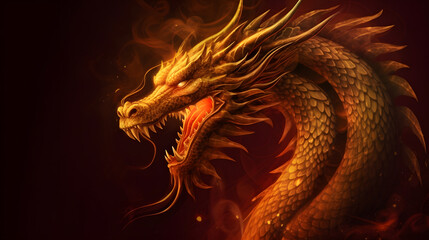 Angry realistic Chinese dragon head with orange glow and smoke isolated on black background illustration. Generative Ai © provectors