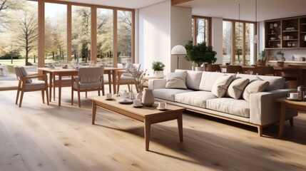 Fototapeta premium Interior design of modern scandinavian apartment, living room and dining room. Created with generative AI.