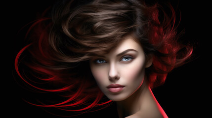 Beautiful woman brunette waving hair red light color hairstyle advertising isolated on black illustration. Generative Ai