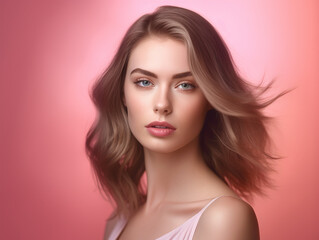 Fototapeta premium Adorable brunette young female model portrait studio photography for beauty marketing illustration. Generative Ai