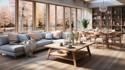 Fototapeta premium Interior design of modern scandinavian apartment, living room and dining room. Created with generative AI.