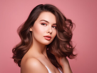 Gentle beautiful 22 years old woman curly brunette hair naked shoulders isolated on pink background illustration. Generative Ai
