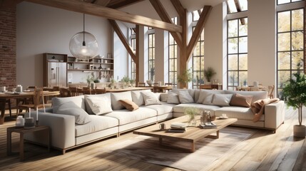 Fototapeta na wymiar Interior design of modern scandinavian apartment, living room and dining room. Created with generative AI.