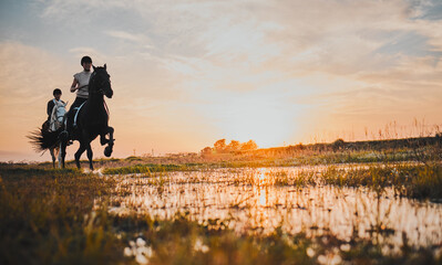 Horse riding, friends and women in countryside at sunset with outdoor mockup space. Equestrian,...