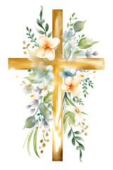Watercolor hand painted greenery flowers around religious cross Holy Spirit clipart paint art illustration. Generative Ai